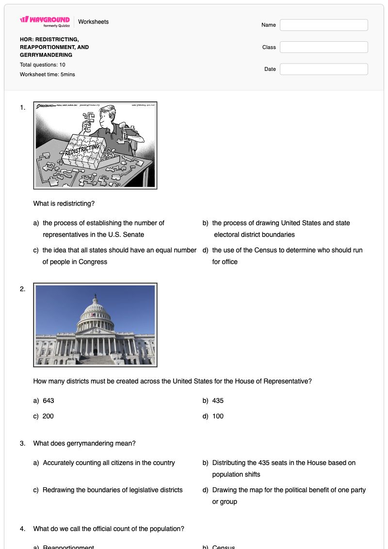HOR: REDISTRICTING, REAPPORTIONMENT, AND GERRYMANDERING - พิมพ์ได้ การแบ่งเขตเลือกตั้งที่ไม่เป็นธรรม เวิร์กชีท ระดับ 11 - Wayground