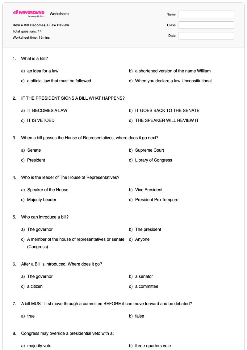How a Bill Becomes a Law Review - พิมพ์ได้ กระบวนการขับไล่ เวิร์กชีท ระดับ 7 - Wayground