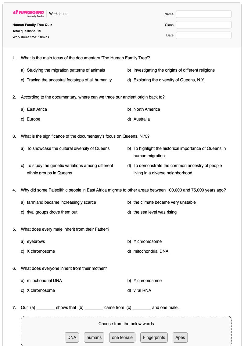 Human Family Tree Quiz - พิมพ์ได้ การสื่อสารในครอบครัว เวิร์กชีท ระดับ 7 - Wayground