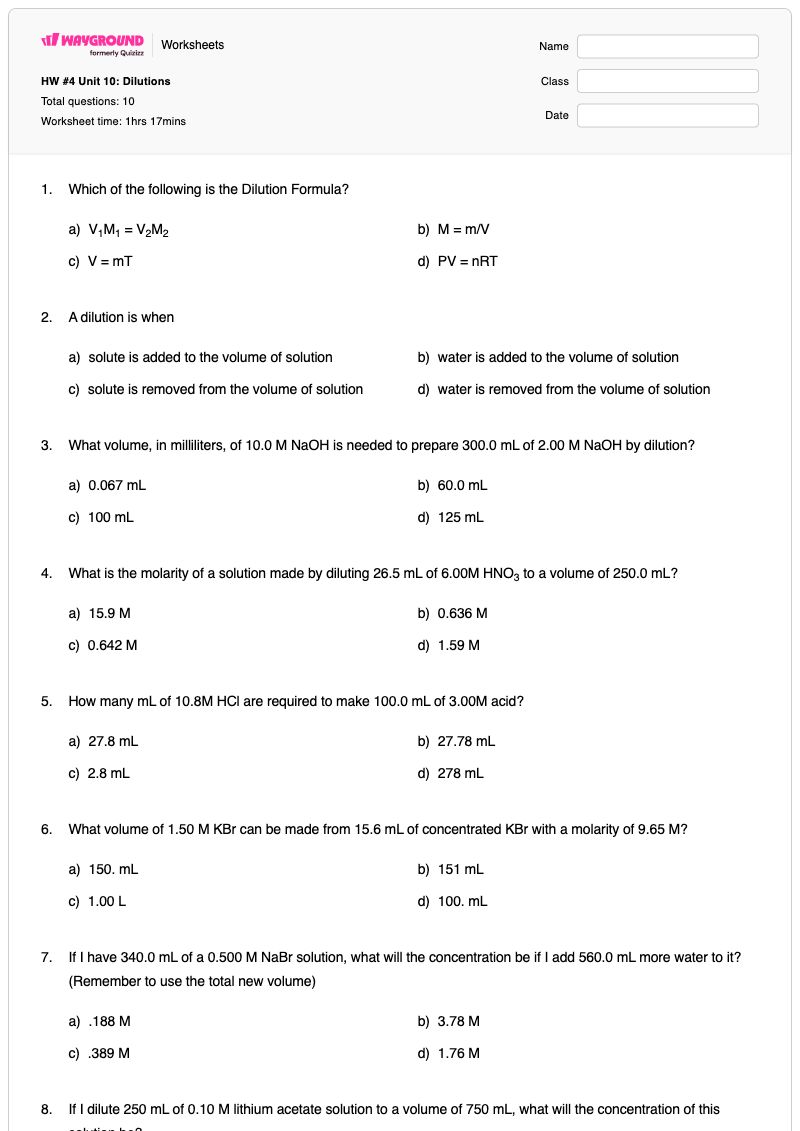 HW #4 Unit 10: Dilutions - พิมพ์ได้ ความเข้มข้นโมลาร์และการเจือจาง เวิร์กชีท ระดับ 9 - Wayground
