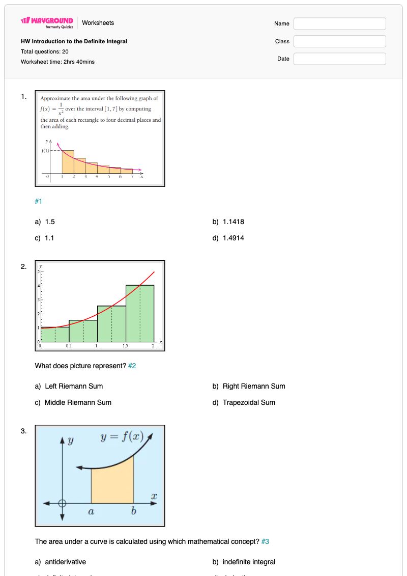 HW Introduction to the Definite Integral - พิมพ์ได้ อินทิกรัลจำกัด เวิร์กชีท ระดับ 12 - Wayground
