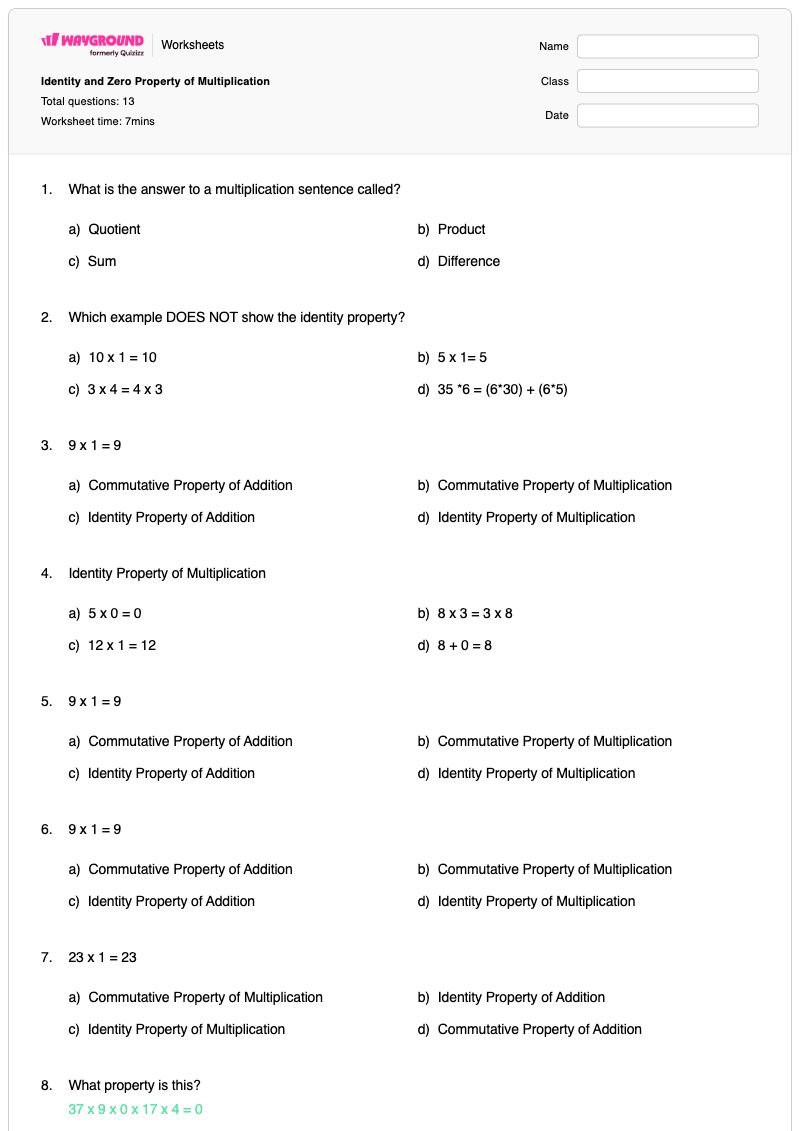 Identity and Zero Property of Multiplication - Nadający się do druku Tożsamość-addytywna Karty-pracy Klasa 3 - Wayground
