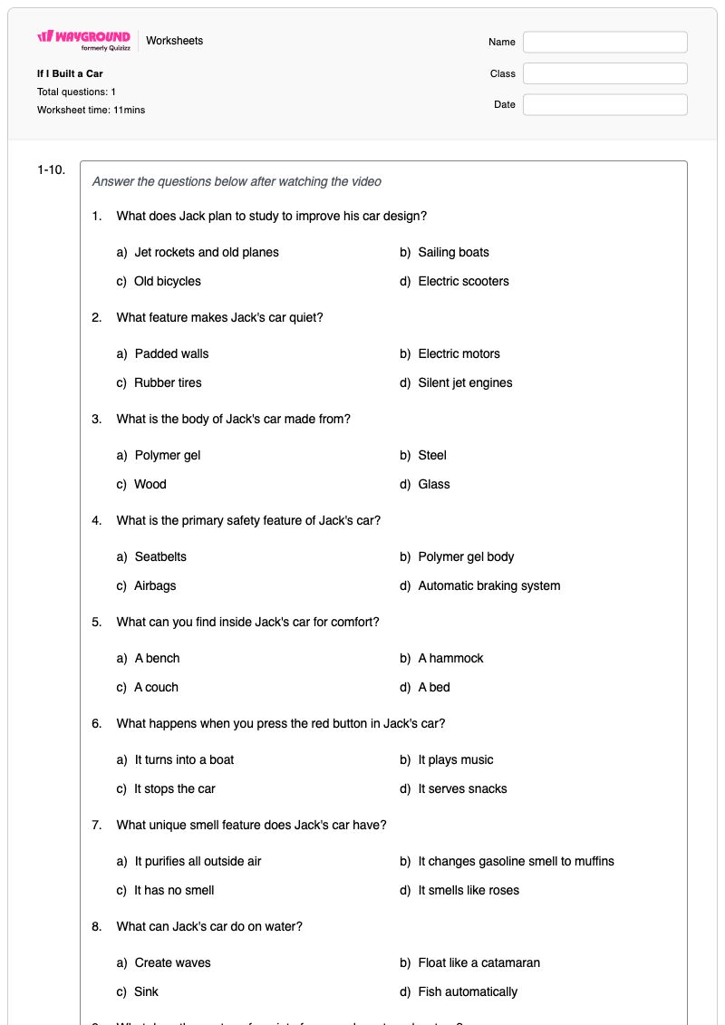 If I Built a Car - พิมพ์ได้ Body-safety เวิร์กชีท ระดับ 1 - Wayground