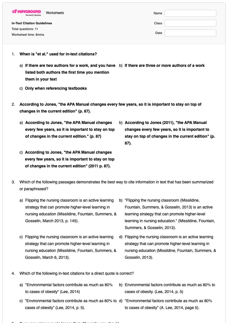 In-Text Citation Guidelines - พิมพ์ได้ Citing-sources เวิร์กชีท ระดับ 12 - Wayground
