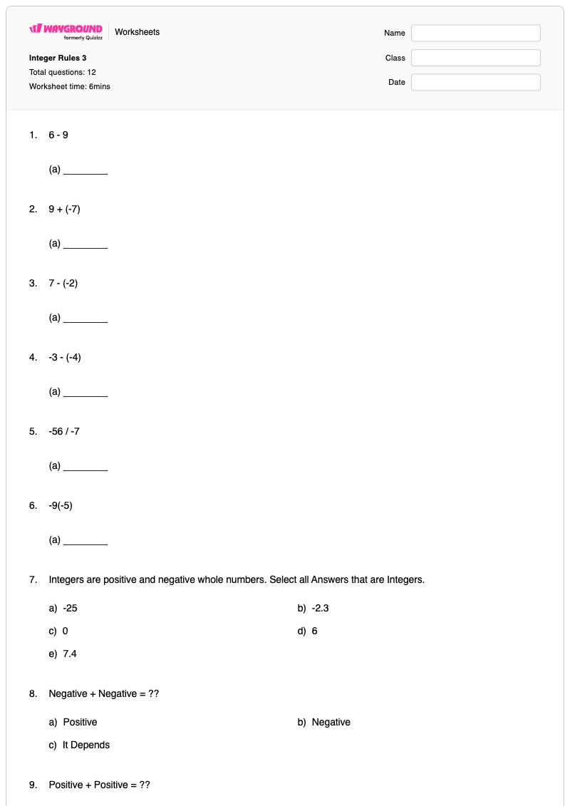 Integer Rules 3 - พิมพ์ได้ กฎจำนวนเต็ม เวิร์กชีท ระดับ 8 - Wayground