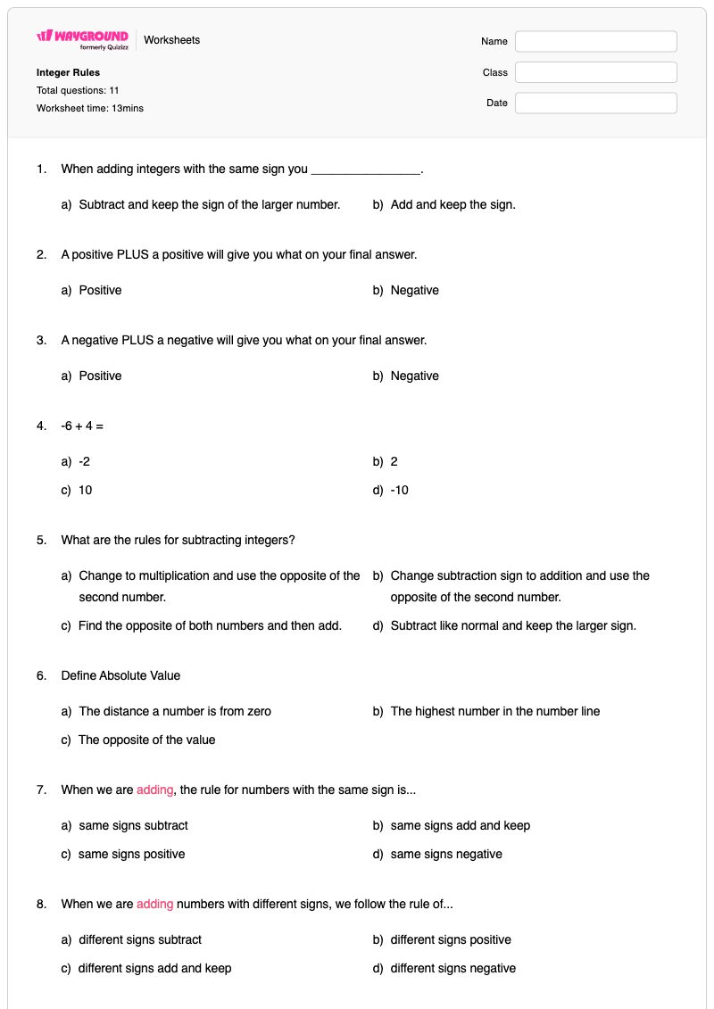 Integer Rules - พิมพ์ได้ กฎจำนวนเต็ม เวิร์กชีท ระดับ 6 - Wayground