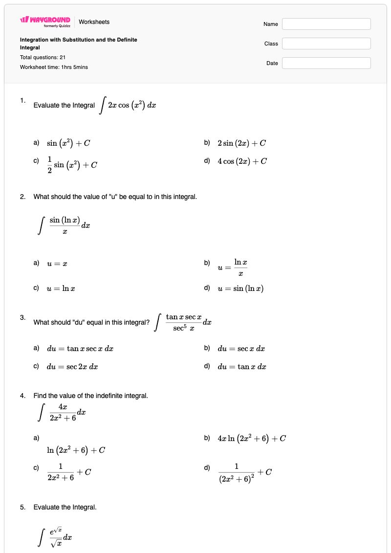 Integration with Substitution and the Definite Integral - พิมพ์ได้ Definite-integral เวิร์กชีท - Wayground