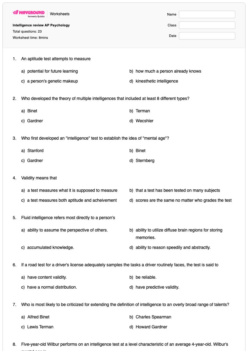 Intelligence review AP Psychology  - พิมพ์ได้ ความฉลาดทางอารมณ์ เวิร์กชีท ระดับ 12 - Wayground