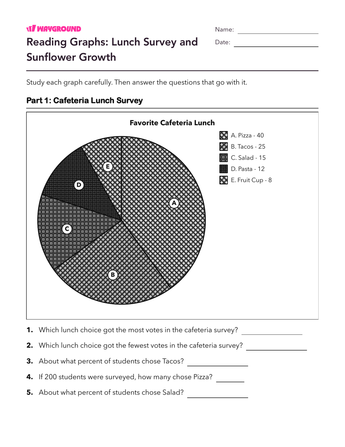Reading Graphs: Lunch Survey and Sunflower Growth - Imprimível Interpretação-de-gráficos Fichas-de-trabalho Série 6 - Wayground