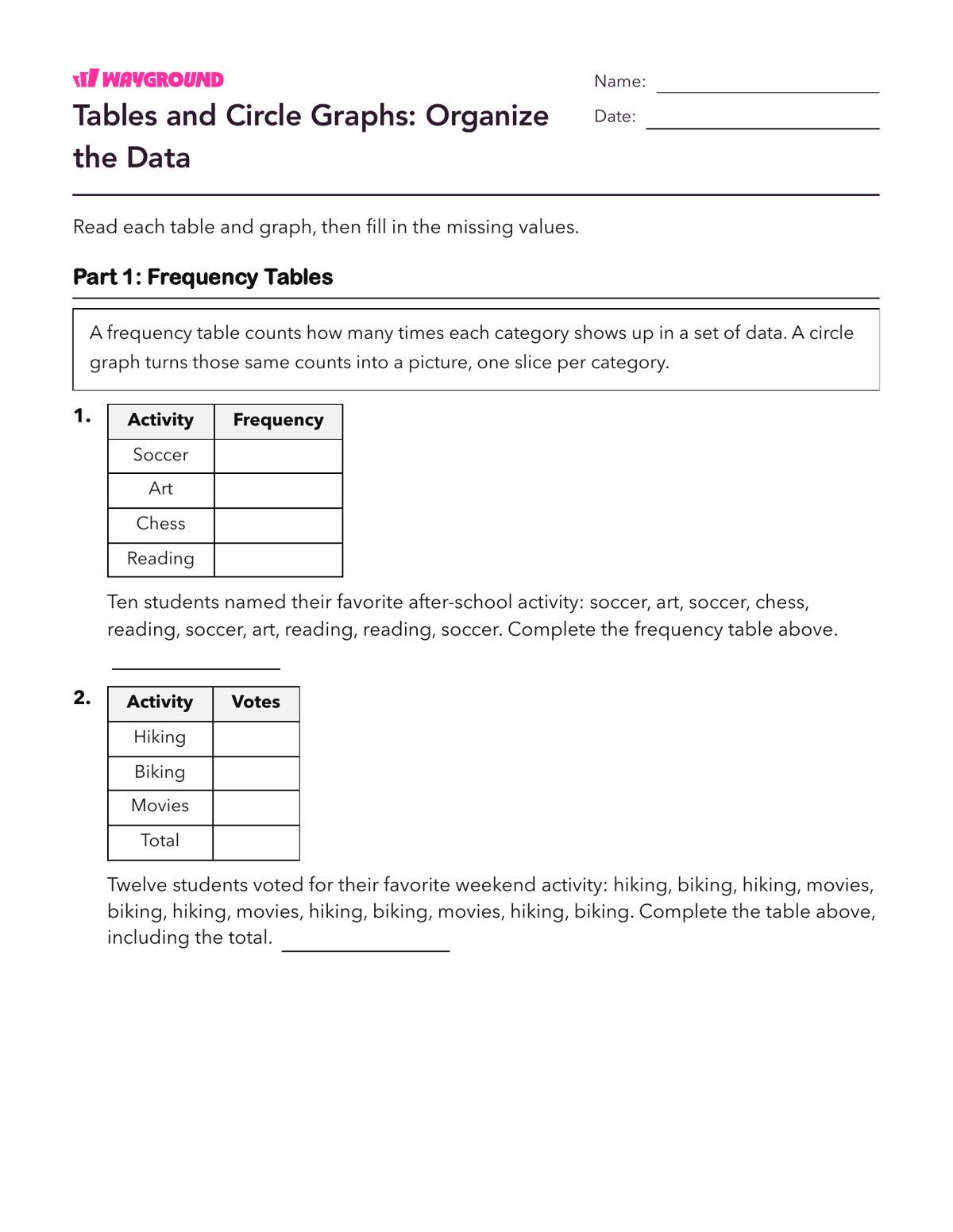 Tables and Circle Graphs: Organize the Data - Nadający się do druku Interpretação-de-gráficos Fichas-de-trabalho Série 7 - Wayground