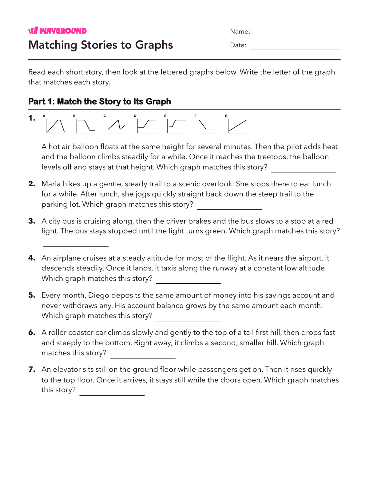 Matching Stories to Graphs - Imprimível Interpretação-de-gráficos Fichas-de-trabalho Série 8 - Wayground