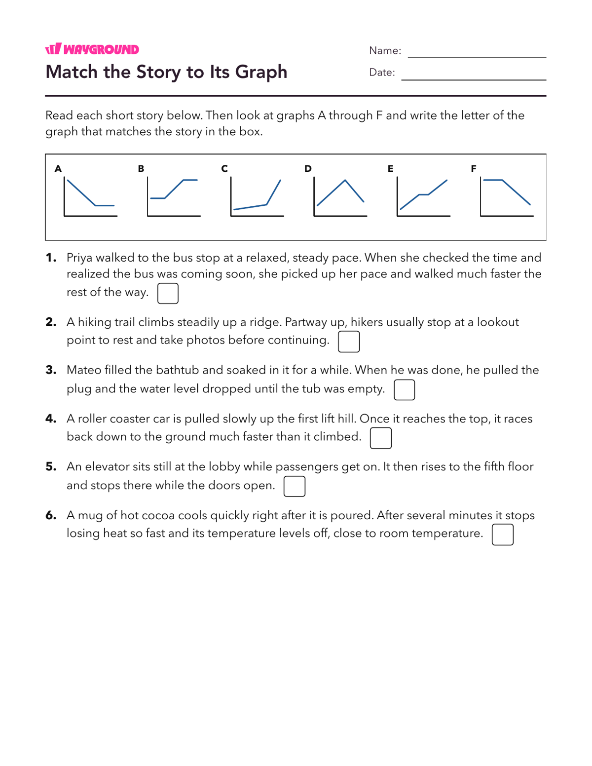 Match the Story to Its Graph - Imprimível Interpretação-de-gráficos Fichas-de-trabalho Série 8 - Wayground