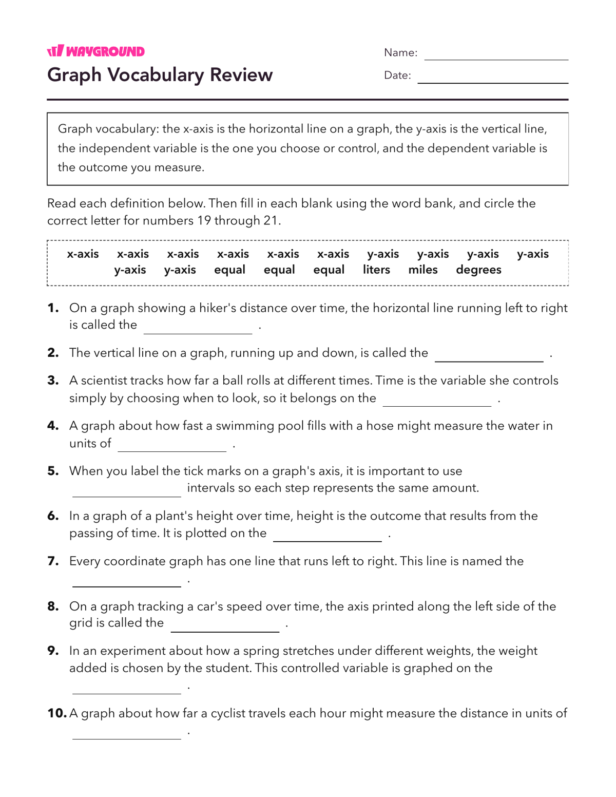Graph Vocabulary Review - Imprimível Interpretação-de-gráficos Fichas-de-trabalho Série 8 - Wayground