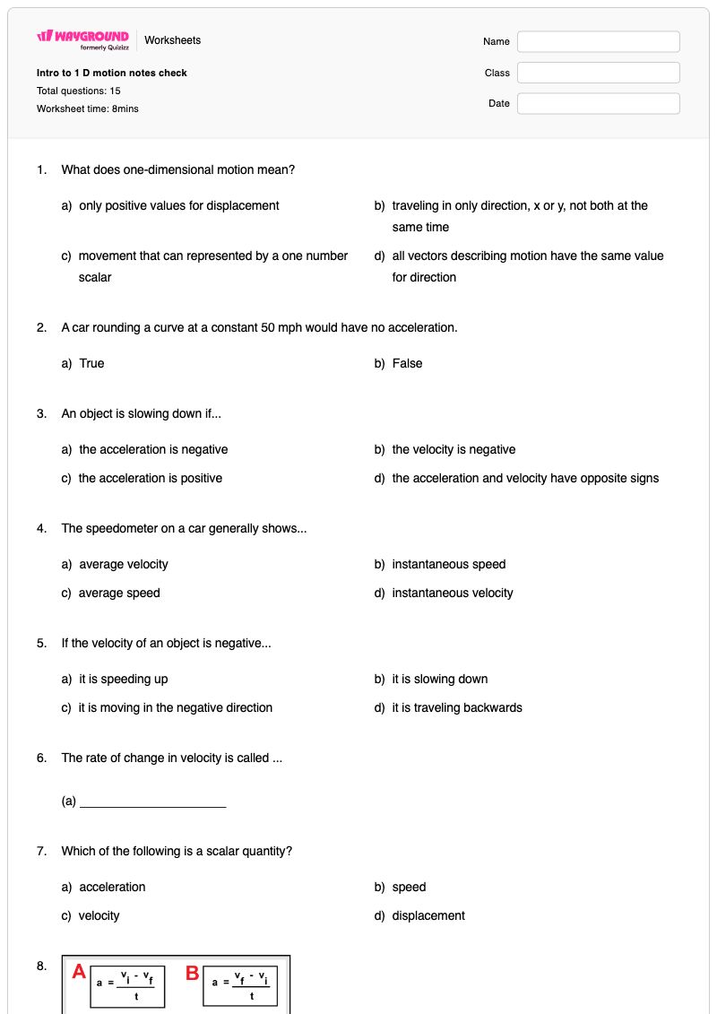 Intro to 1 D motion notes check - พิมพ์ได้ จลนศาสตร์หนึ่งมิติ เวิร์กชีท ระดับ 12 - Wayground