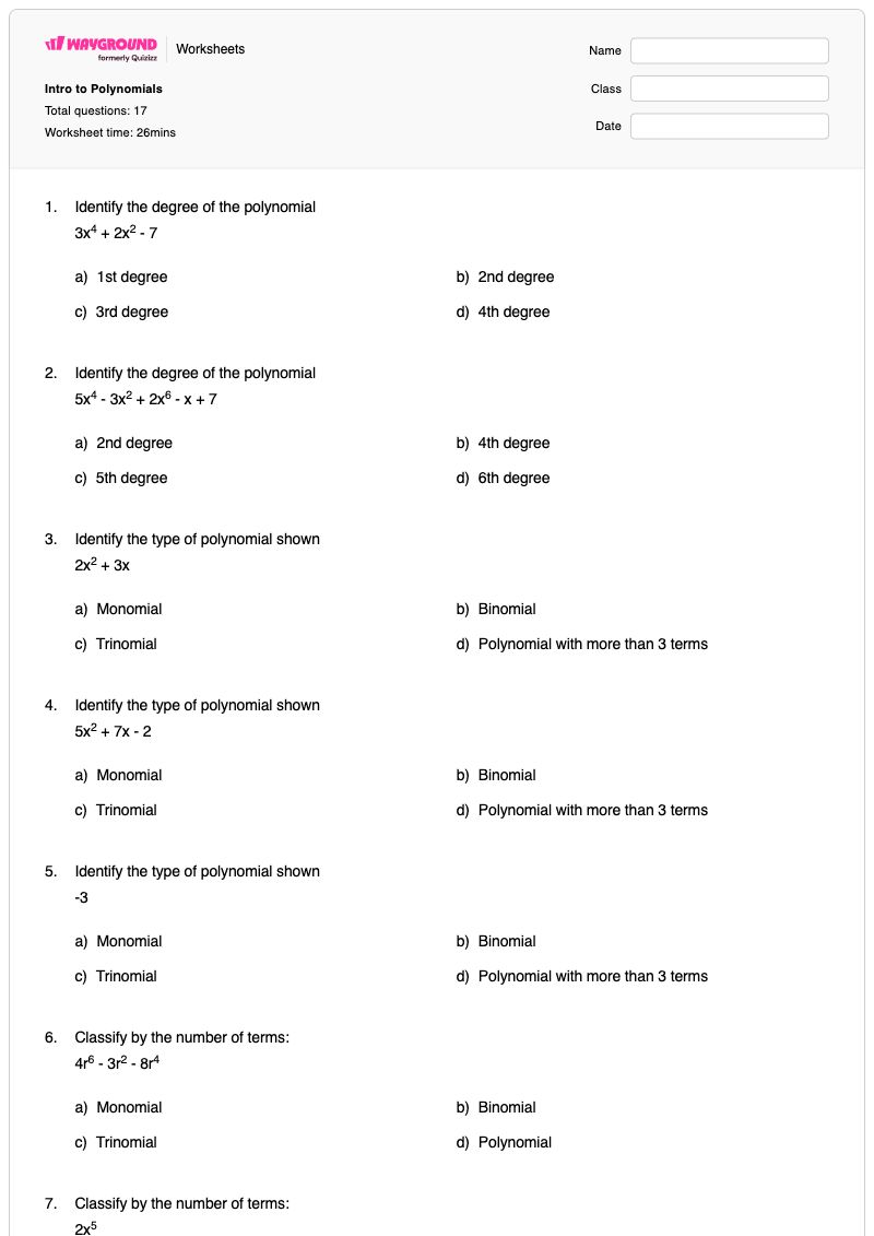 Intro to Polynomials - Printable Convert-degrees-minutes-and-seconds-to-decimal Worksheets Grade 8 - Wayground