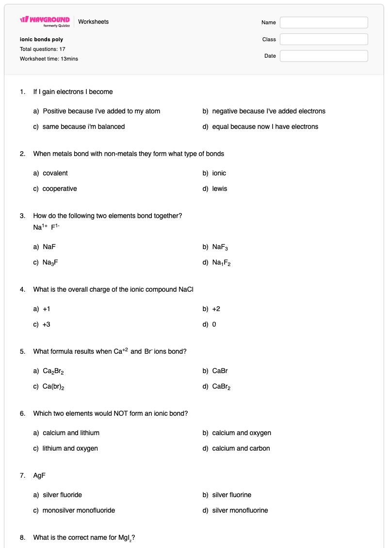 ionic bonds poly - พิมพ์ได้ การตั้งชื่อสารประกอบไอออนิก เวิร์กชีท ระดับ 8 - Wayground