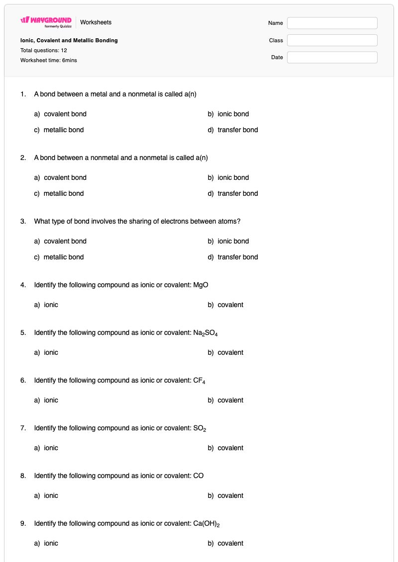 Ionic, Covalent and Metallic Bonding - พิมพ์ได้ การตั้งชื่อสารประกอบไอออนิก เวิร์กชีท ระดับ 8 - Wayground
