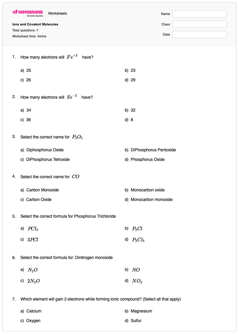 Ions and Covalent Molecules - พิมพ์ได้ Forming-ions เวิร์กชีท ระดับ 8 - Wayground