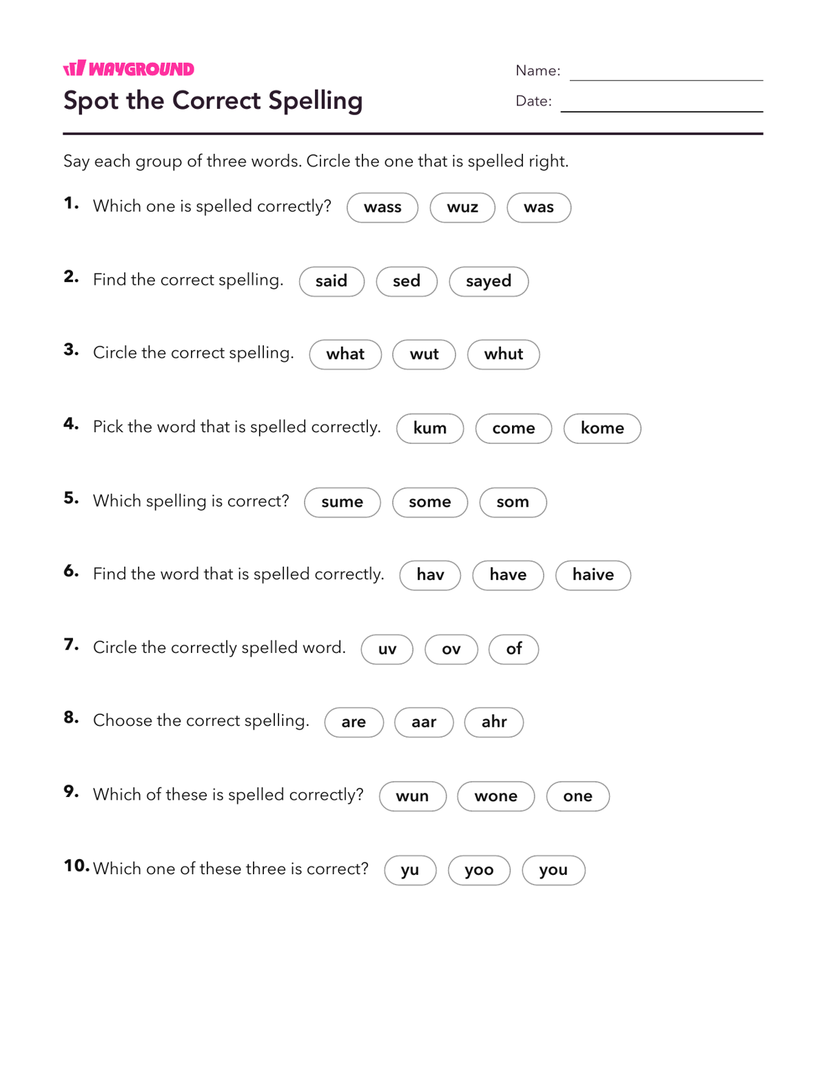 Spot the Correct Spelling - Dapat dicetak Kata-kata-yang-ejaannya-tidak-teratur Lembar-kerja Kelas 1 - Wayground