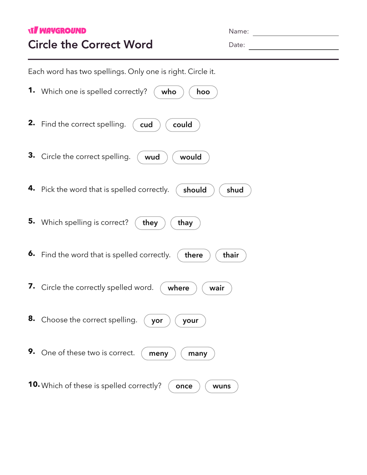 Circle the Correct Word - Dapat dicetak Kata-kata-yang-ejaannya-tidak-teratur Lembar-kerja Kelas 1 - Wayground