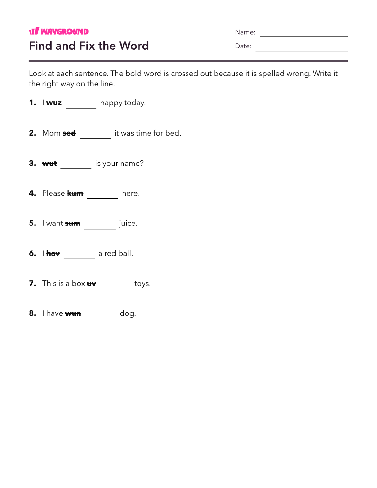 Find and Fix the Word - Dapat dicetak Kata-kata-yang-ejaannya-tidak-teratur Lembar-kerja Kelas 1 - Wayground