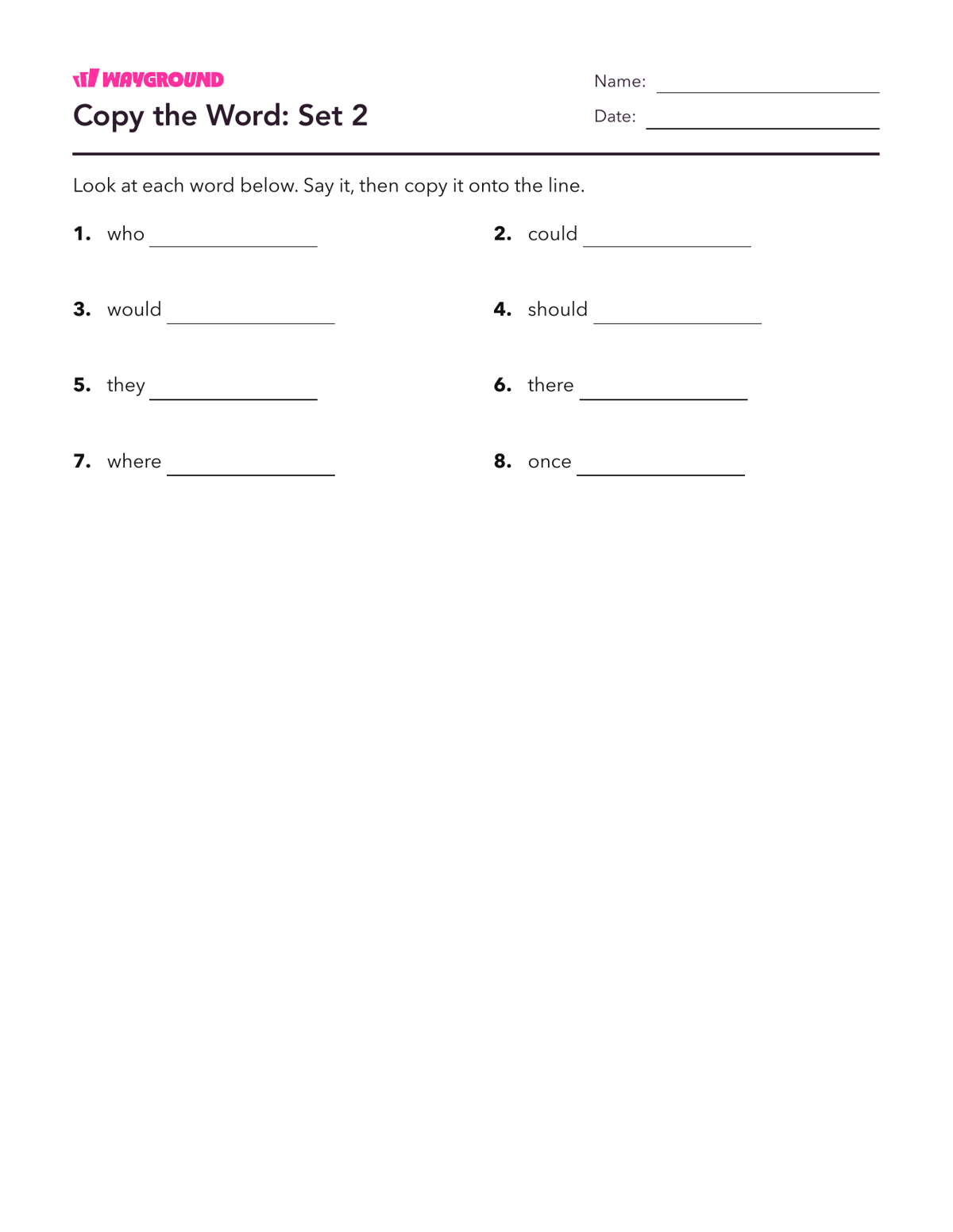 Copy the Word: Set 2 - Dapat dicetak Kata-kata-yang-ejaannya-tidak-teratur Lembar-kerja Kelas 1 - Wayground