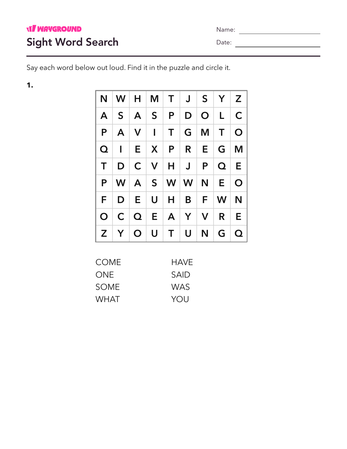 Sight Word Search - Dapat dicetak Kata-kata-yang-ejaannya-tidak-teratur Lembar-kerja Kelas 1 - Wayground