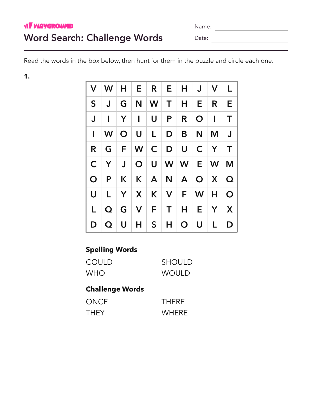 Word Search: Challenge Words - Dapat dicetak Kata-kata-yang-ejaannya-tidak-teratur Lembar-kerja Kelas 1 - Wayground