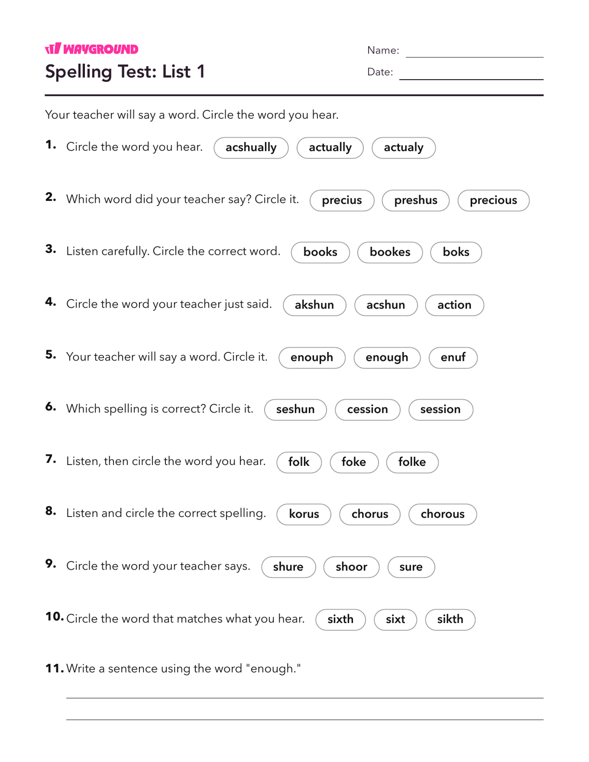 Spelling Test: List 1 - Imprimível Palavras-com-ortografia-irregular Fichas-de-trabalho Série 3 - Wayground