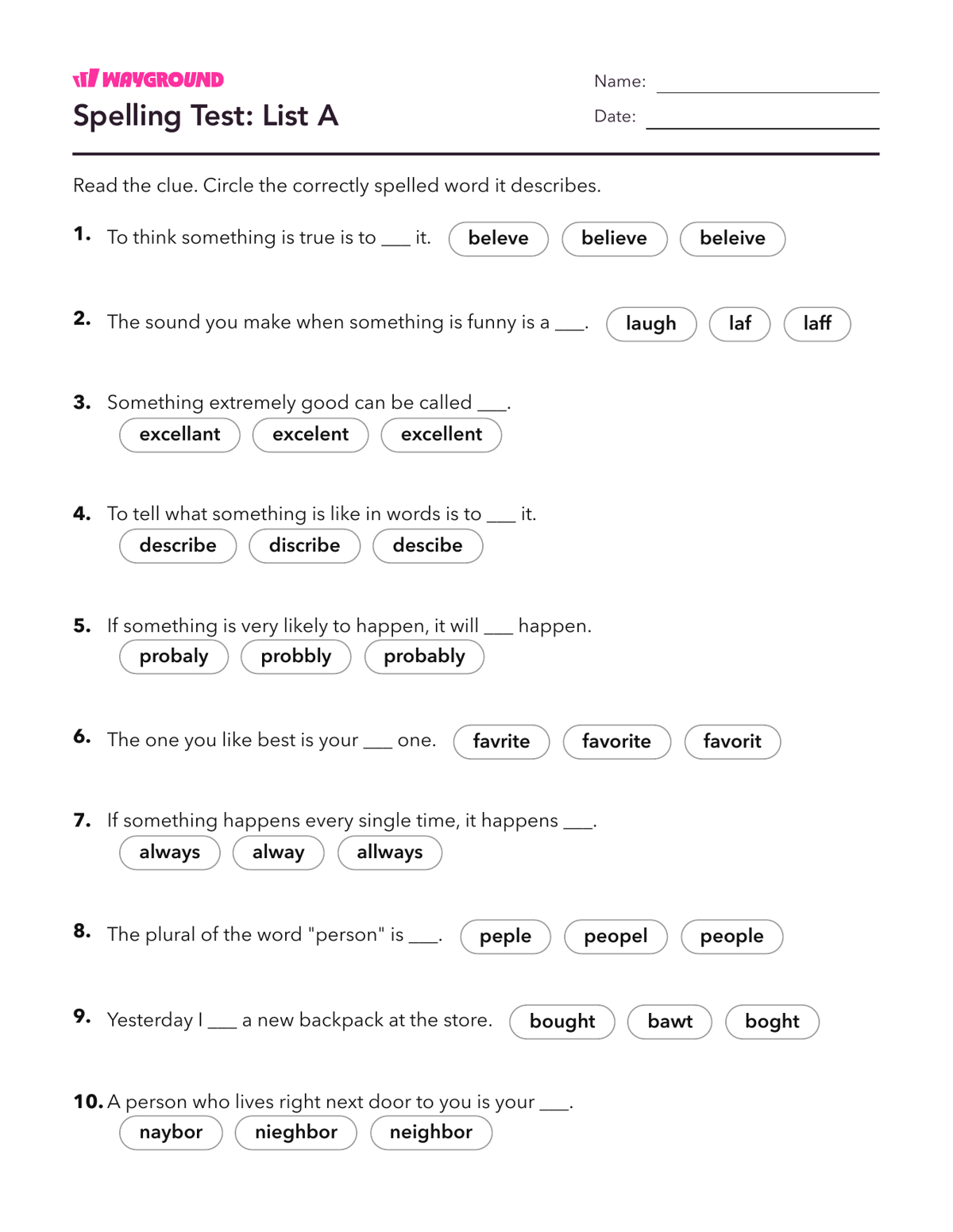 Spelling Test: List A - Imprimível Palavras-com-ortografia-irregular Fichas-de-trabalho Série 4 - Wayground