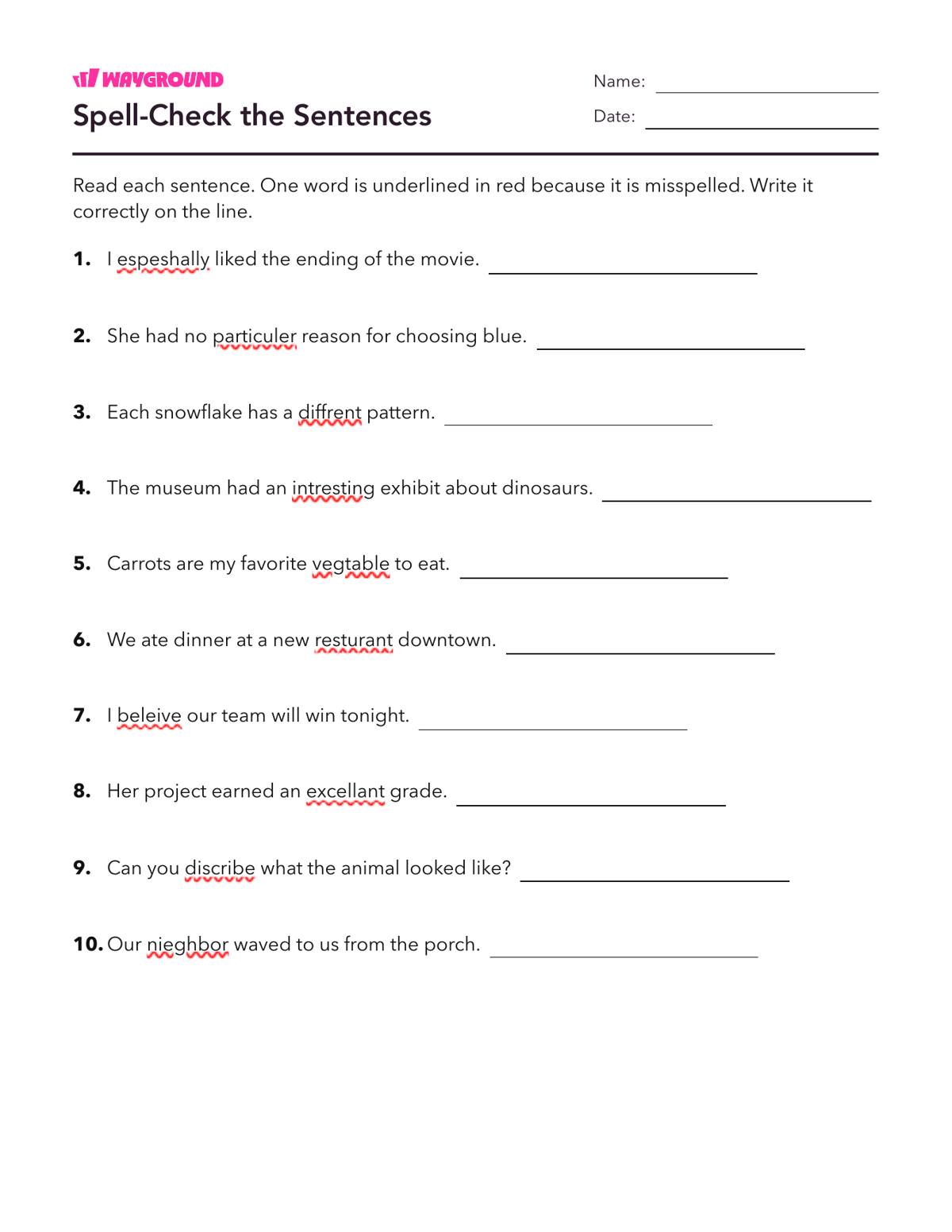 Spell-Check the Sentences - Imprimível Palavras-com-ortografia-irregular Fichas-de-trabalho Série 4 - Wayground