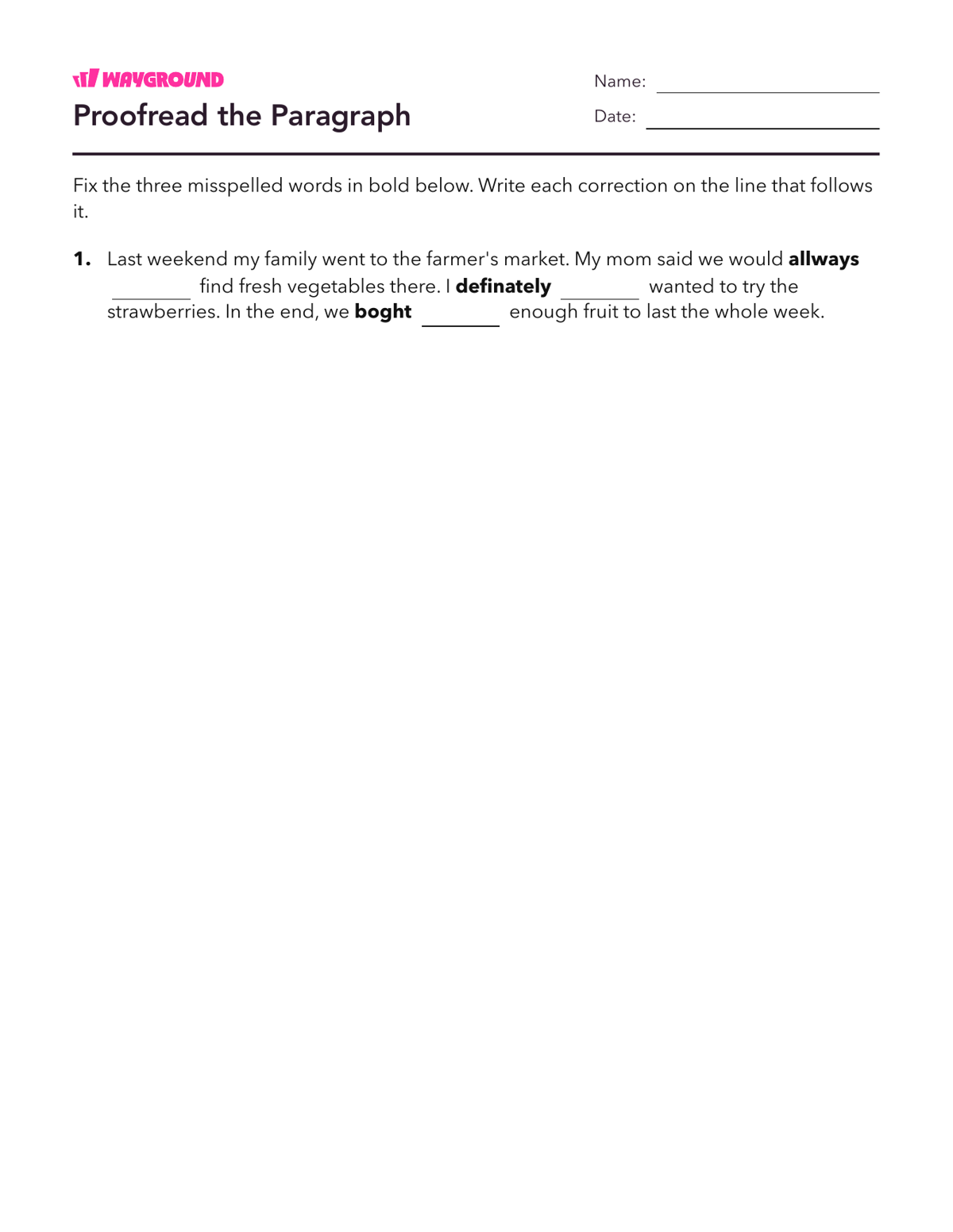 Proofread the Paragraph - Imprimível Palavras-com-ortografia-irregular Fichas-de-trabalho Série 4 - Wayground