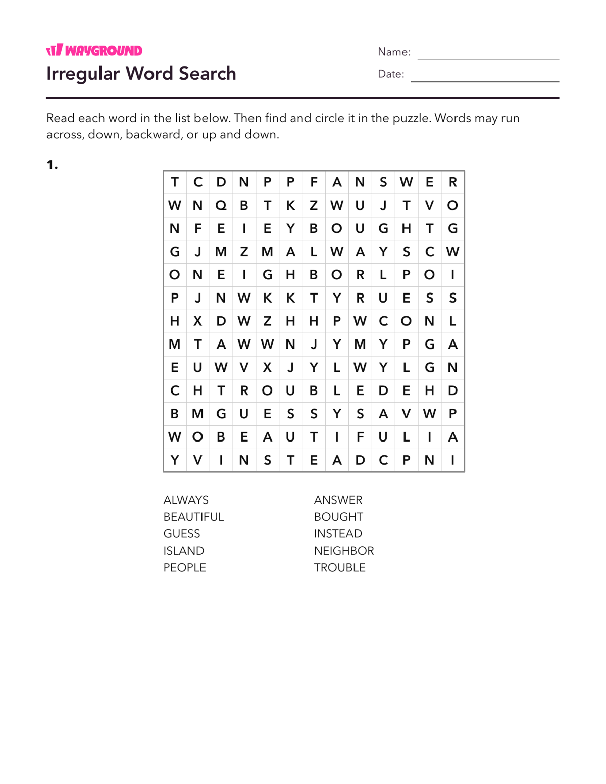 Irregular Word Search - Imprimível Palavras-com-ortografia-irregular Fichas-de-trabalho Série 4 - Wayground