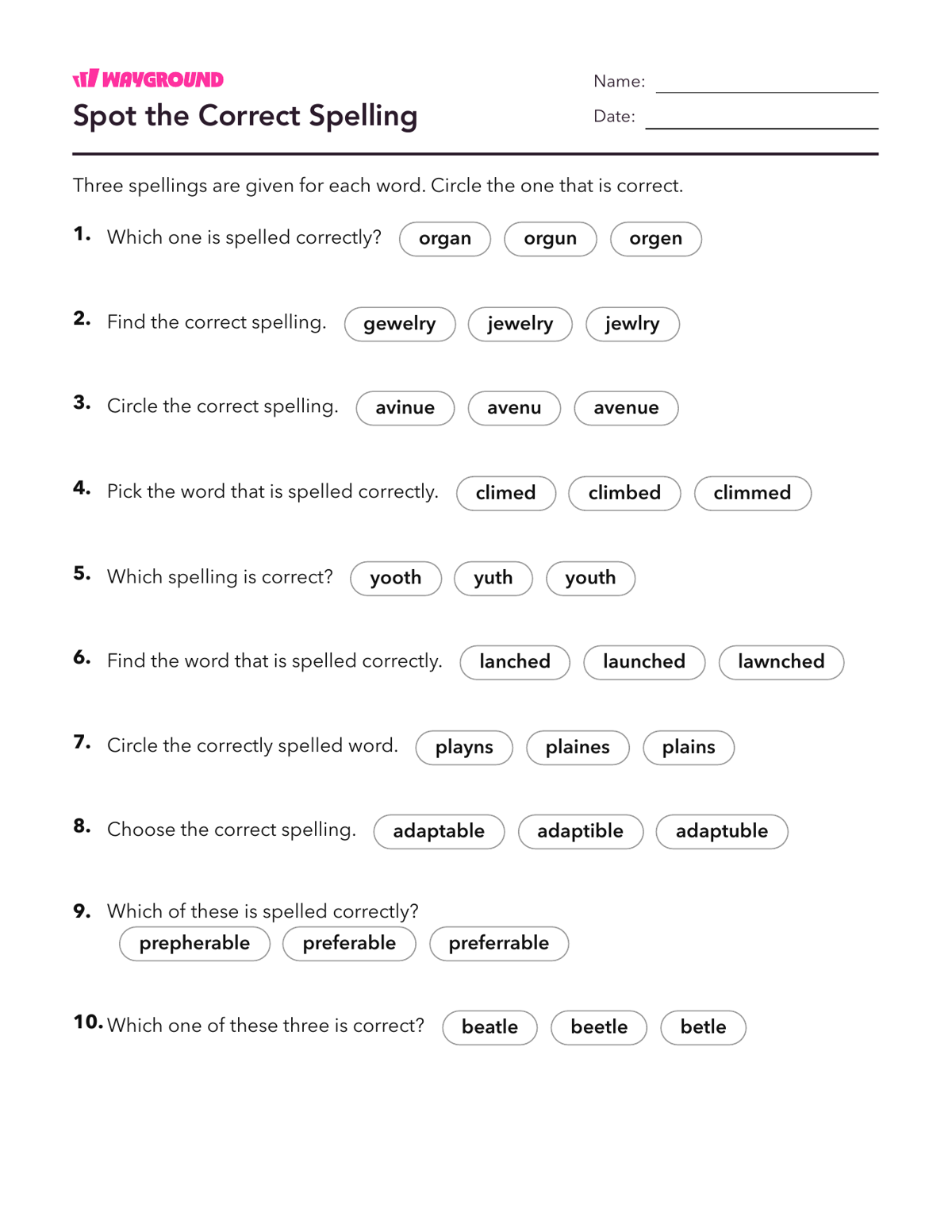 Spot the Correct Spelling - Dapat dicetak Kata-kata-yang-ejaannya-tidak-teratur Lembar-kerja Kelas 5 - Wayground