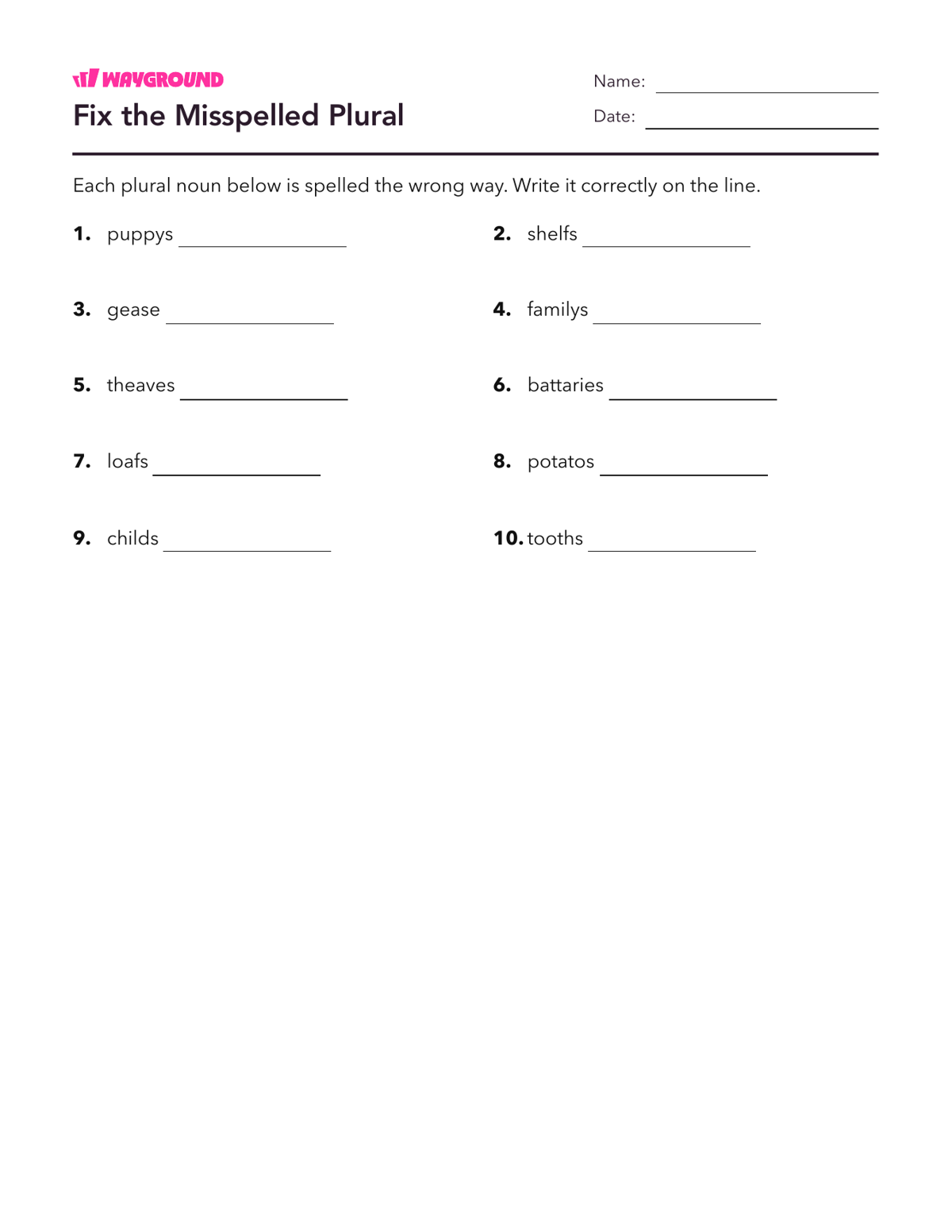 Fix the Misspelled Plural - Dapat dicetak Kata-kata-yang-ejaannya-tidak-teratur Lembar-kerja Kelas 5 - Wayground