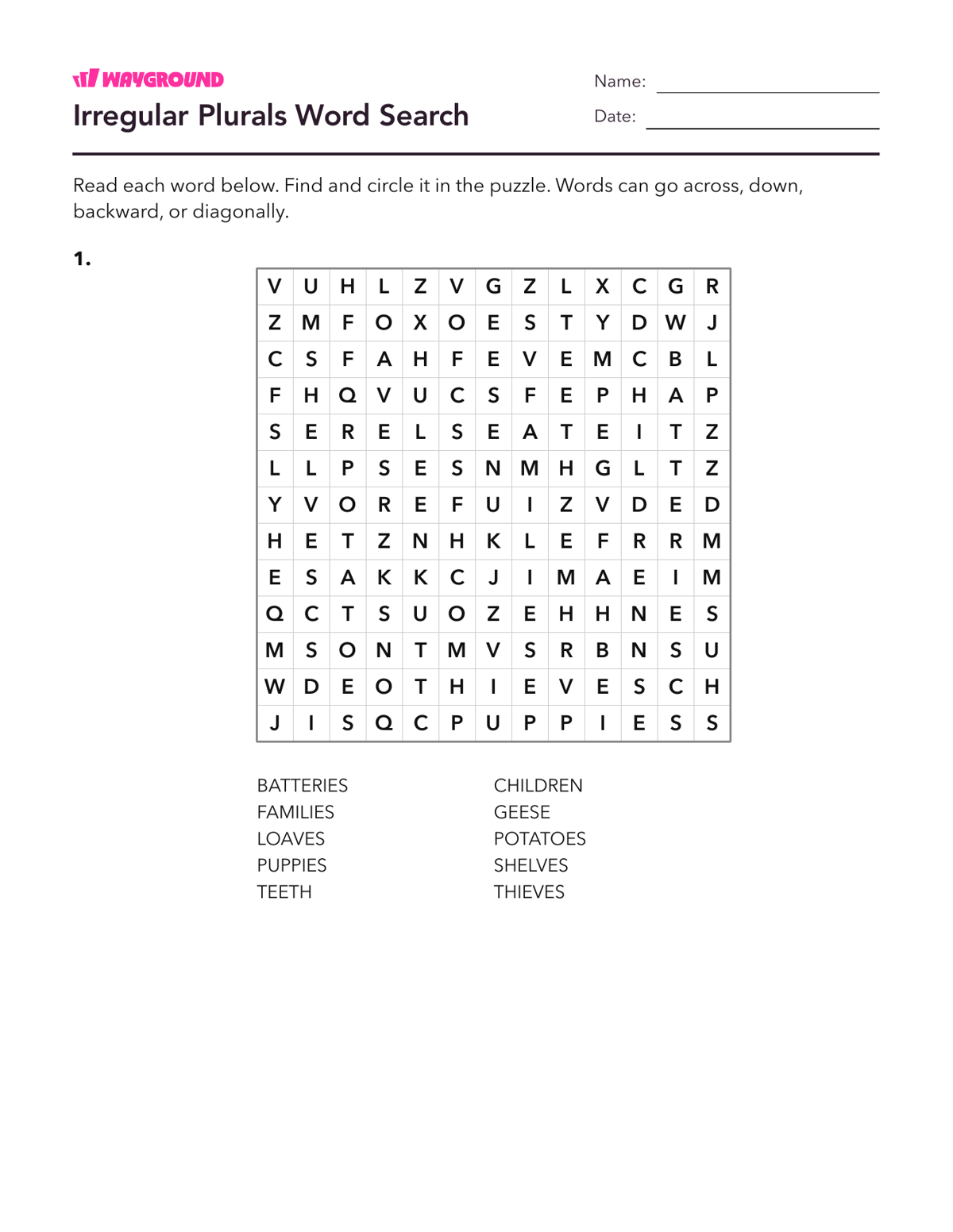 Irregular Plurals Word Search - Dapat dicetak Kata-kata-yang-ejaannya-tidak-teratur Lembar-kerja Kelas 5 - Wayground