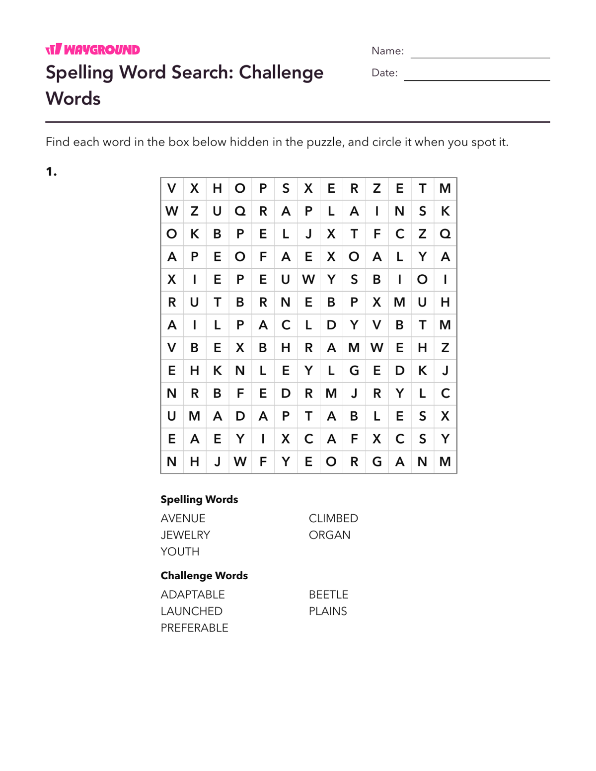 Spelling Word Search: Challenge Words - Dapat dicetak Kata-kata-yang-ejaannya-tidak-teratur Lembar-kerja Kelas 5 - Wayground