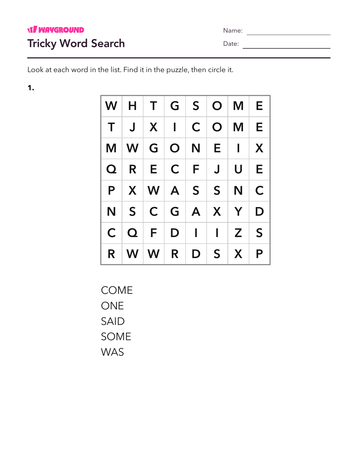Tricky Word Search - Nadający się do druku Nieregularnie-pisane-słowa Karty-pracy Przedszkole - Wayground