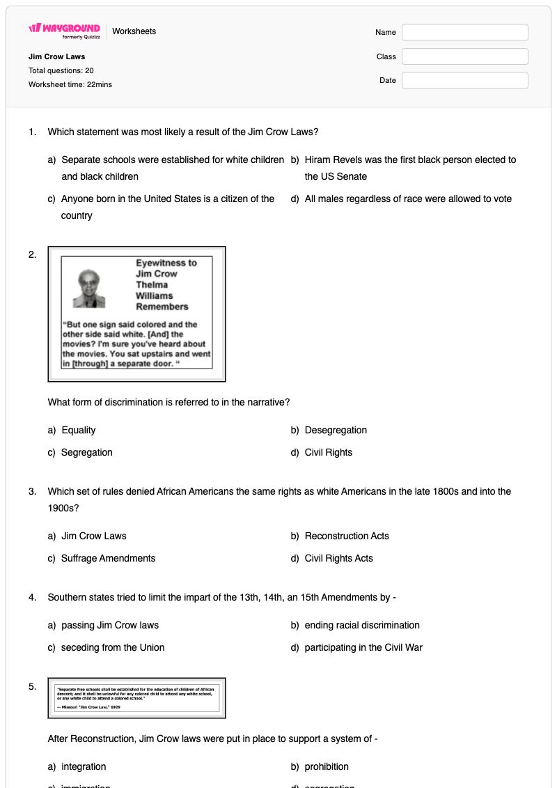 Jim Crow Laws - Printable Jim-crow-laws Worksheets Grade 8 - Wayground