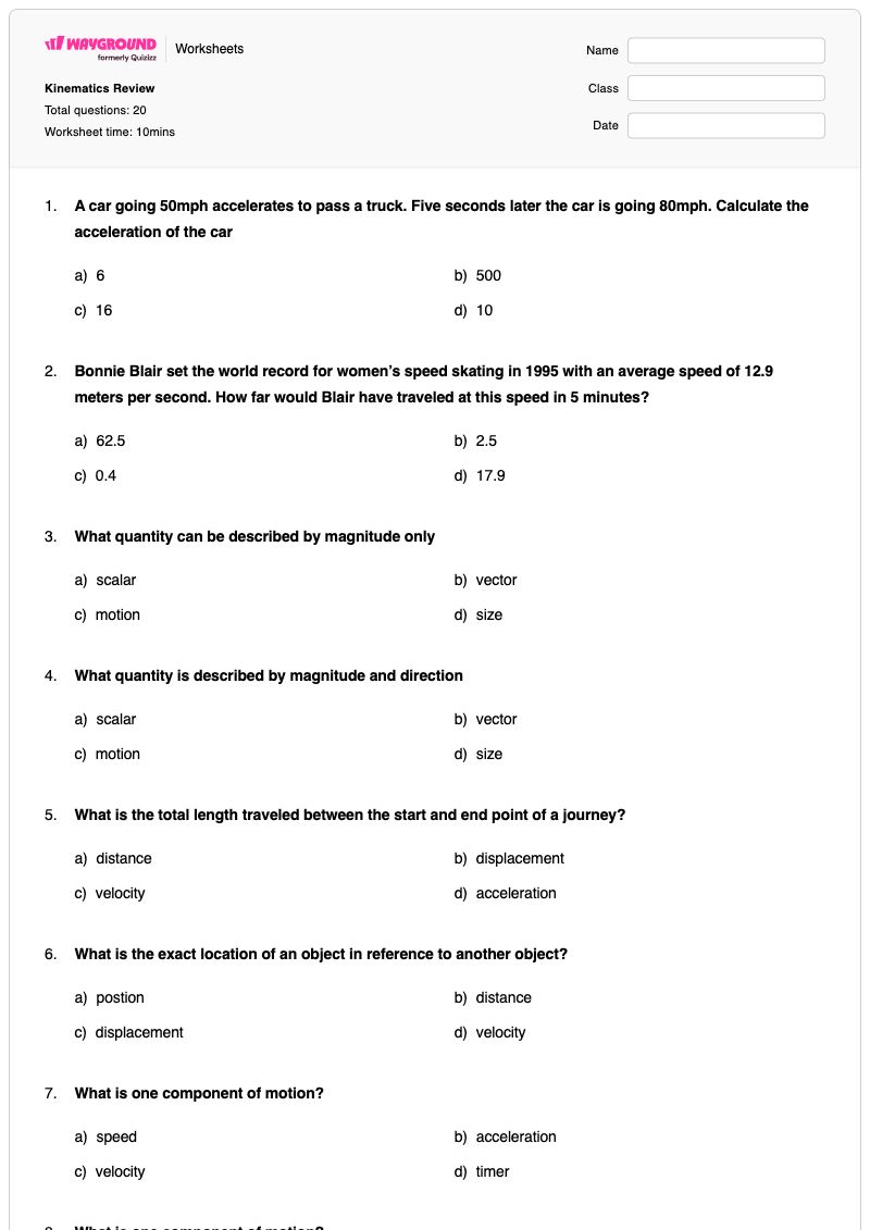 Kinematics Review - พิมพ์ได้ จลนศาสตร์หนึ่งมิติ เวิร์กชีท ระดับ 10 - Wayground