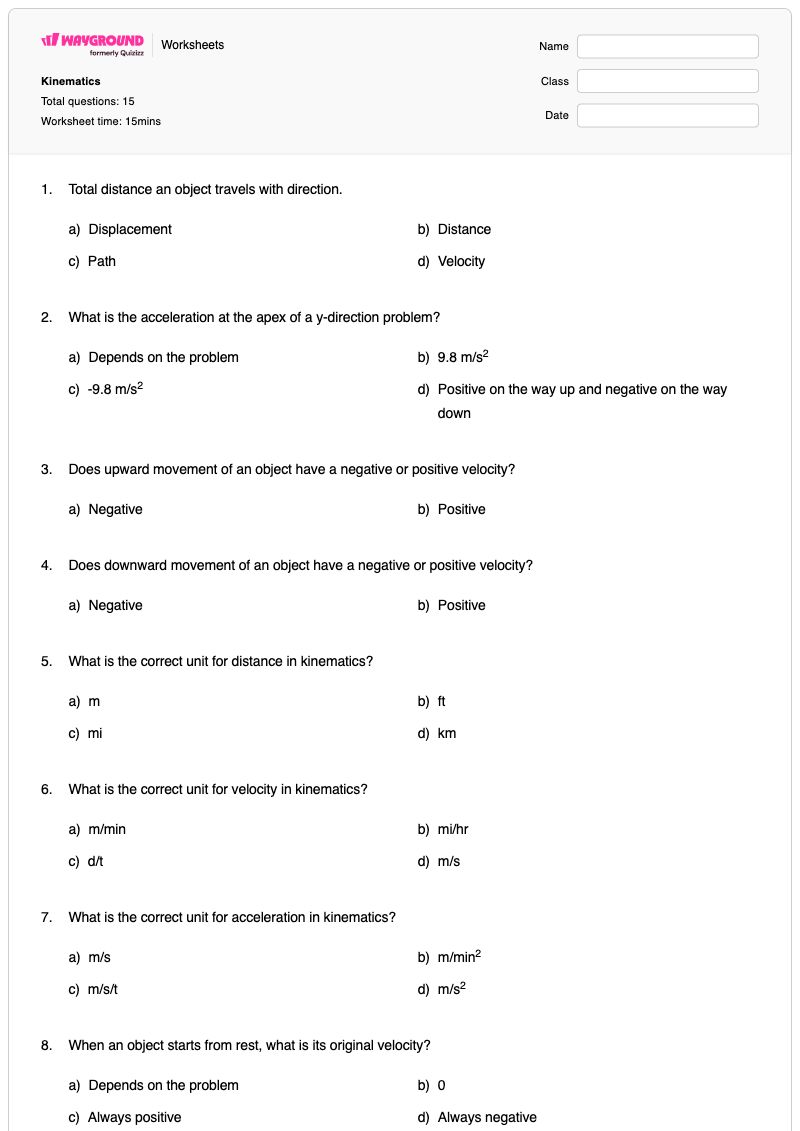 Kinematics - พิมพ์ได้ One-dimensional-kinematics เวิร์กชีท - Wayground