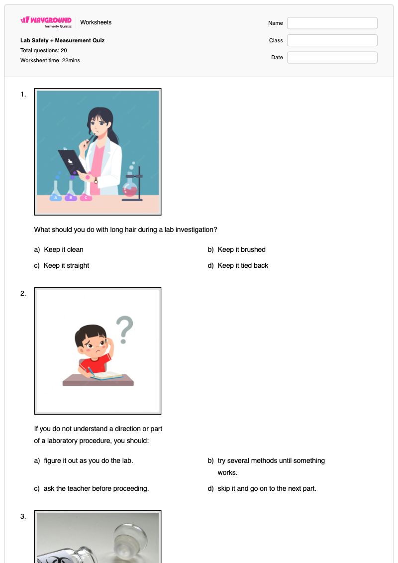 Lab Safety + Measurement Quiz - พิมพ์ได้ Lab-practical เวิร์กชีท ระดับ 7 - Wayground
