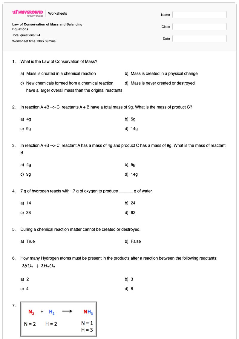 Law of Conservation of Mass and Balancing Equations - Printable Law-of-conservation-of-mass Worksheets Year 9 - Wayground