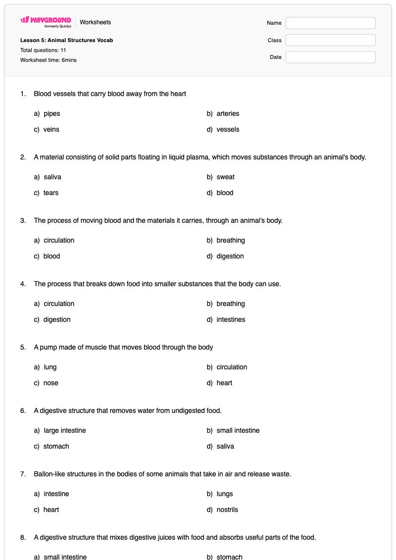 Lesson 5: Animal Structures Vocab - พิมพ์ได้ Animal-anatomy เวิร์กชีท - Wayground