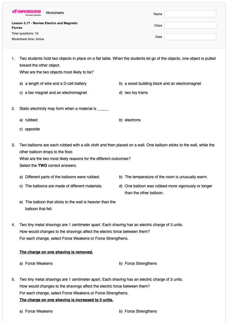 Lesson 5.17 - Review Electric and Magnetic Forces - Printable Units-of-mass Worksheets Grade 3 - Wayground