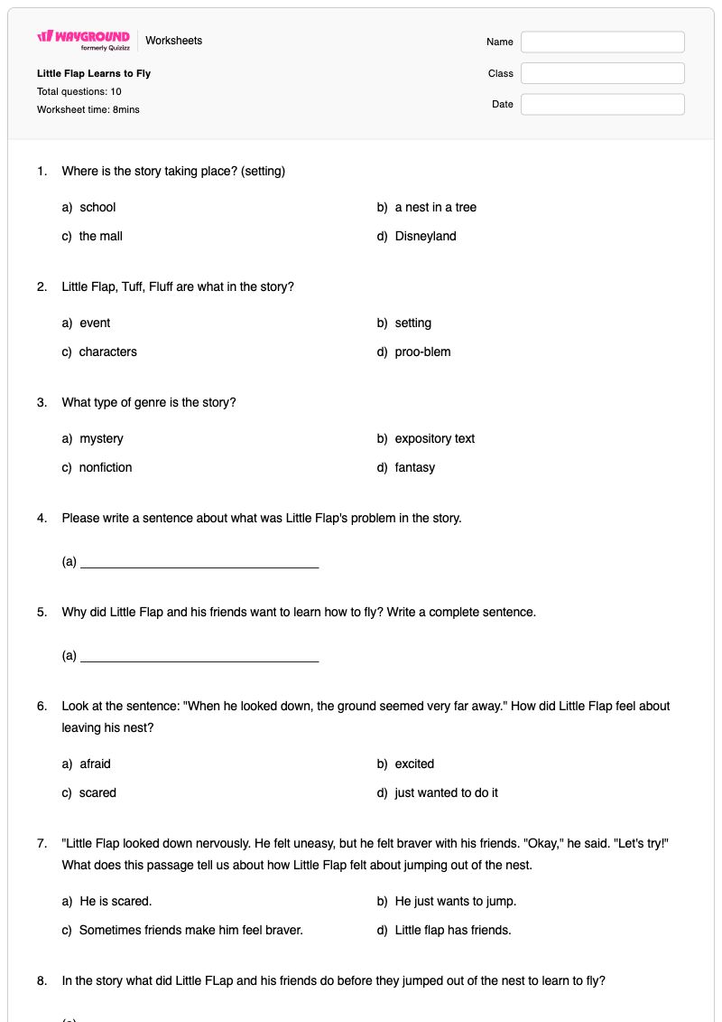 Little Flap Learns to Fly - Printable Describing-a-setting Worksheets Year 1 - Wayground