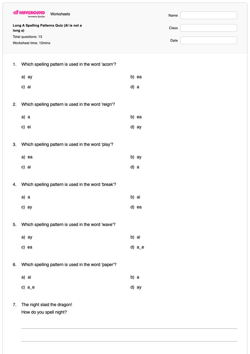 Long A Spelling Patterns Quiz (Al is not a long a) - พิมพ์ได้ Describing-a-setting เวิร์กชีท ระดับ 5 - Wayground
