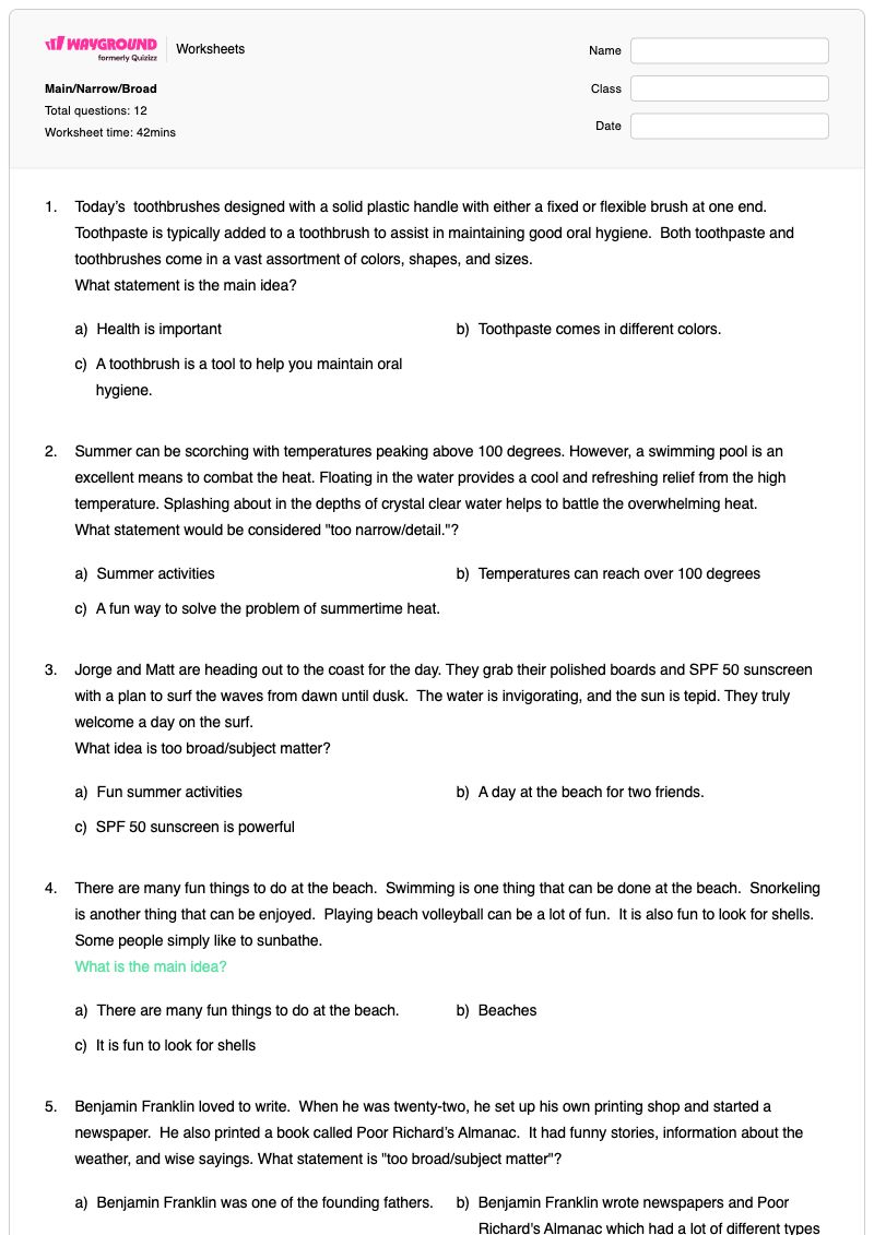 Main/Narrow/Broad - พิมพ์ได้ Key-ideas-and-details เวิร์กชีท ระดับ 7 - Wayground