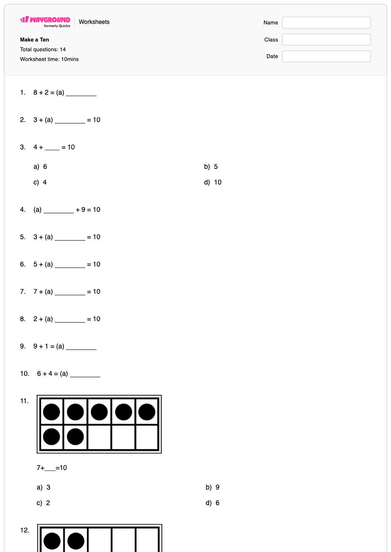 Make a Ten - พิมพ์ได้ Number-combinations เวิร์กชีท ระดับ 1 - Wayground