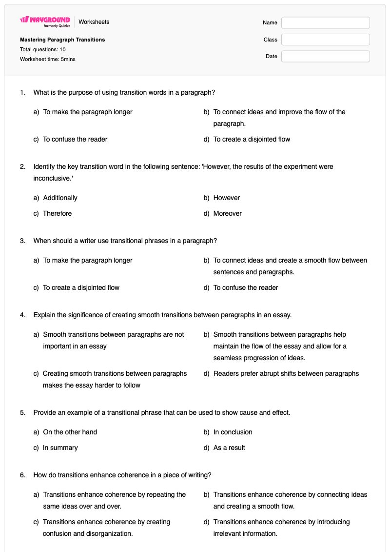 Mastering Paragraph Transitions - พิมพ์ได้ สัญญาณการเปลี่ยนผ่าน เวิร์กชีท ระดับ 12 - Wayground